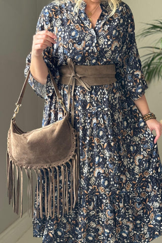 Boho Fringe leather bag, cognac
