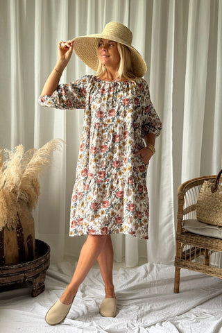 Emilia cotton dress, off white cottage floral