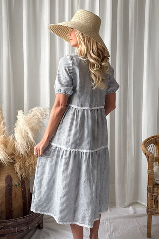 Helen pellavamekko, blue stripe + white lace