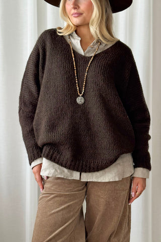 Honey v-neck alpaca blend jumper, coffee