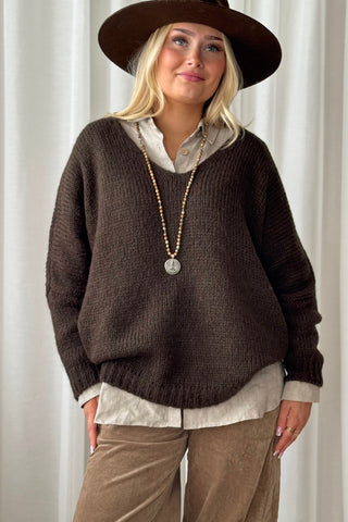 Honey v-neck alpaca blend jumper, coffee