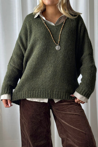 Honey v-neck alpaca blend jumper, forest green