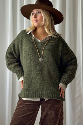 Honey v-neck alpaca blend jumper, forest green