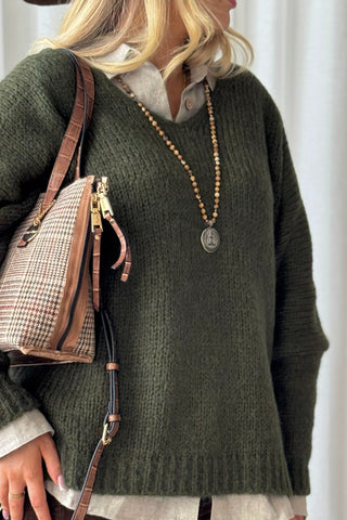 Honey v-neck alpaca blend jumper, forest green