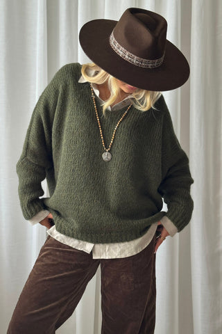 Honey v-neck alpaca blend jumper, forest green