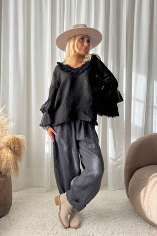 Lace Frill linen shirt, black