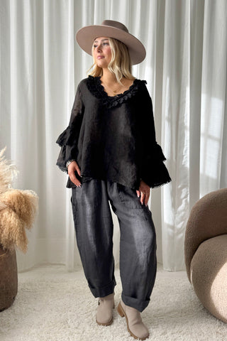 Lace Frill linen shirt, black