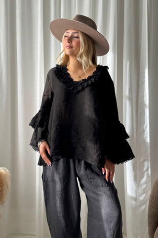 Lace Frill linen shirt, black