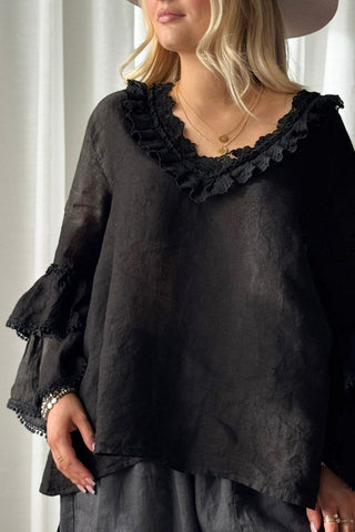Lace Frill linen shirt, black