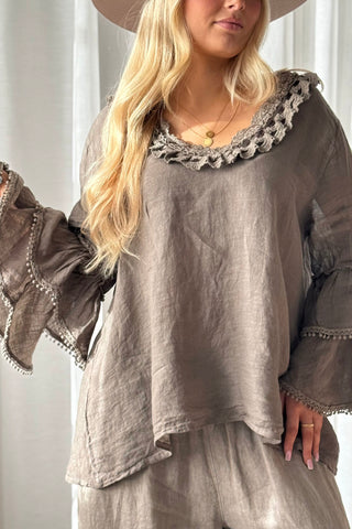 Lace Frill linen shirt, taupe