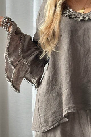 Lace Frill linen shirt, taupe