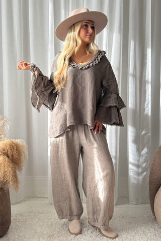 Lace Frill linen shirt, taupe