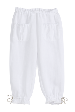 Mameluk linen capris, white + white lace