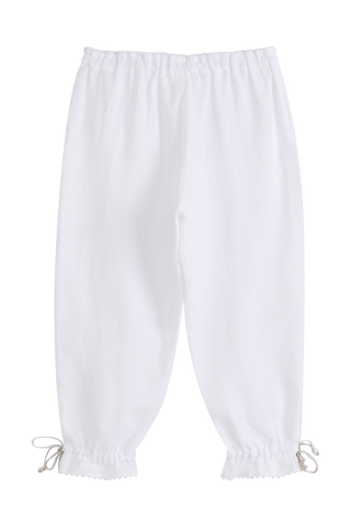 Mameluk linen capris, white + white lace