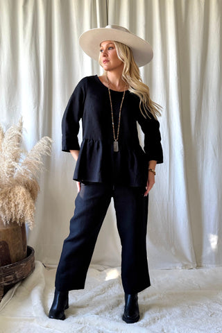 Peplum linen top, black