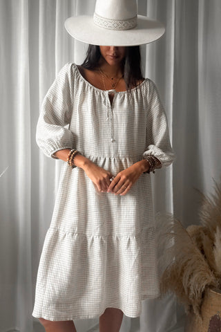 Emilia long linen dress, beige check