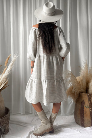 Emilia long linen dress, beige check