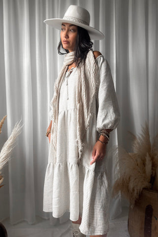 Emilia long linen dress, beige check