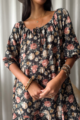 Emilia cotton dress, black cottage floral