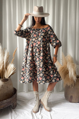 Emilia cotton dress, black cottage floral
