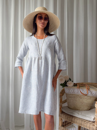 Emma linen dress, blue stripe