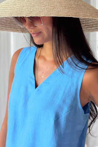 Less is More v-neck linen dress, heavenly blue