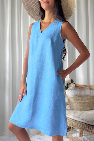 Less is More v-neck linen dress, heavenly blue