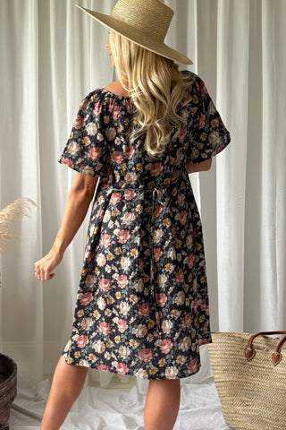 Moraira puuvillamekko midi, black cottage floral
