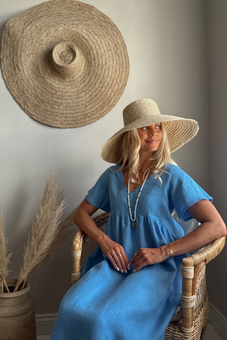 Santorini linen dress, heavenly blue