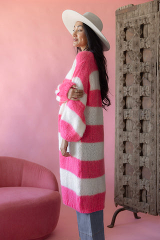 Stripes long neuletakki, coral-white